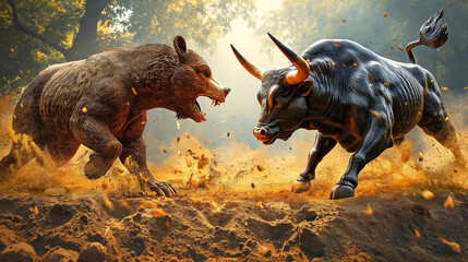fierce bear and a strong bull are clashing in a dusty forest clearing, with a bright sun shining through the trees in the background