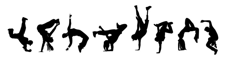 Silhouettes of different men, women dancers in freestyle break-dance movement. Breakdance, hip-hop , street style, sport dance poses. Vector black monochrome illustration isolated on white background.