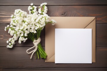 blank white greeting card with white flowers on rustic background top view, Valentine's day, Mother's day, Women's Day and love concept