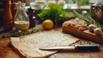 A knife sitting on top of a table with some herbs and paper, AI