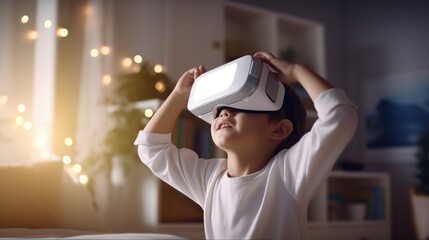 Asian Little boy using VR glasses studying at home, in living room, modern, VR, future, gadgets, technology.