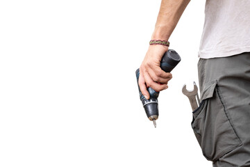 Electric Screwdriver Held by a Hand on Transparent Background