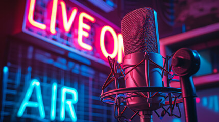 professional studio microphone with a "LIVE ON AIR" neon sign illuminated in the background, suggesting a live broadcasting or recording session.