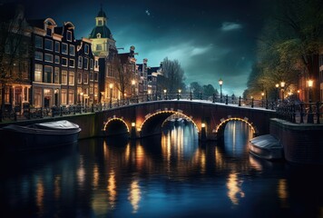 Amsterdam canal at night with bridge and houses, Holland, Netherlands