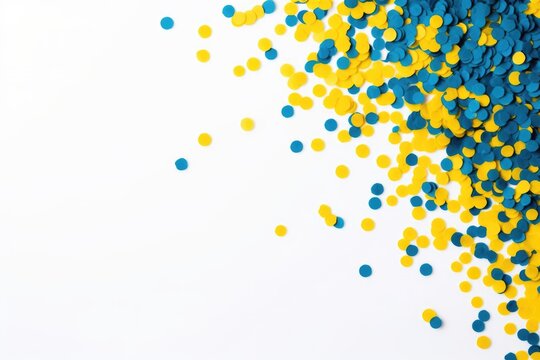 Blue And Yellow Confetti Isolated On White Background With Copy Space