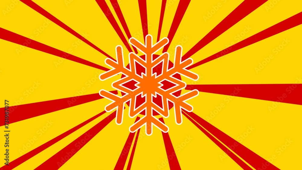 Poster snowflake symbol on the background of animation from moving rays of the sun. large orange symbol inc
