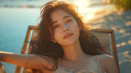 young gorgeous beautiful asian woman, wearning a summer dress, relaxing on a beach chair next to a pool in a luxurious resort,generative ai