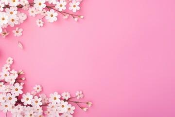 Border of white flowers on pink background from above. Flat lay style with copy space for advertiser, Valentine's day, Mother's day, Women's Day and love concept