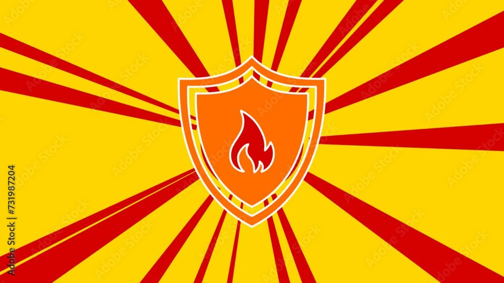 Poster fire protection symbol on the background of animation from moving rays of the sun. large orange symb