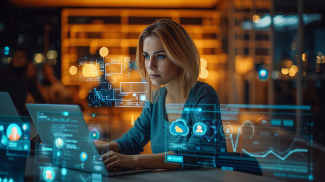 A beautiful short-haired project manager working on a computer in the office Augmented Reality social media icons appear on employees' laptops ,generative ai - Powered by Adobe