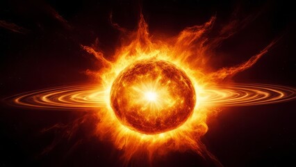 A fiery sphere with flames on a dark background.