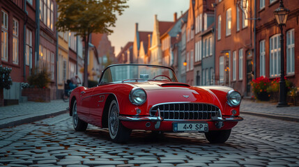 red vintage car in the street
