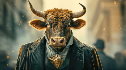 Suave bull roams the city streets in tailored elegance, epitomizing street style. The realistic setting frames his majestic presence, blending urban chic with bovine charm in a fashion-forward spectac