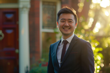 Business Triumph: Owner Grinning in Front of His Park Office