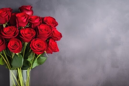 Bouquet of red roses on grey wall background with copy space, Valentine's day, Mother's day, Women's Day and love concept