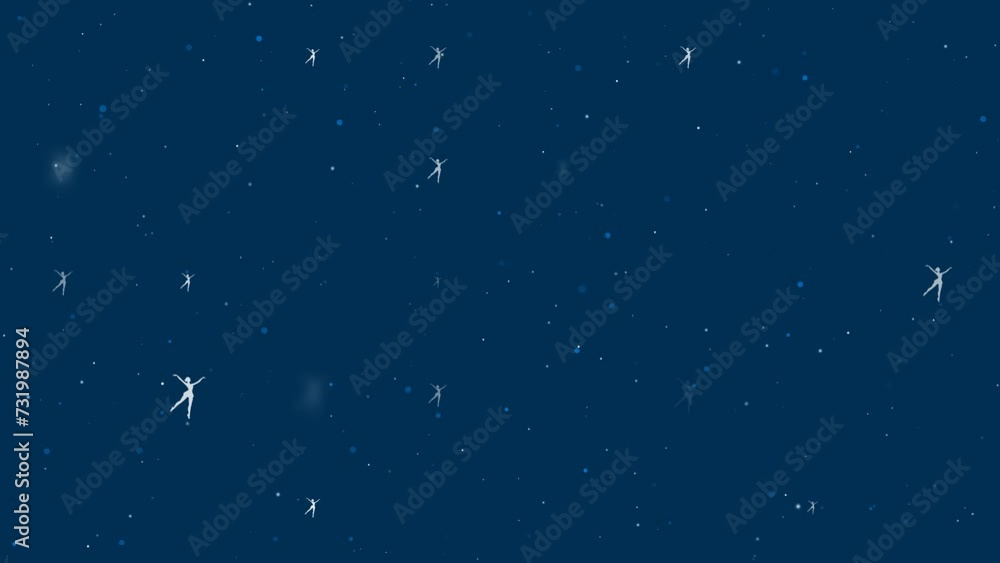 Poster template animation of evenly spaced dancing girl symbols of different sizes and opacity. animation o