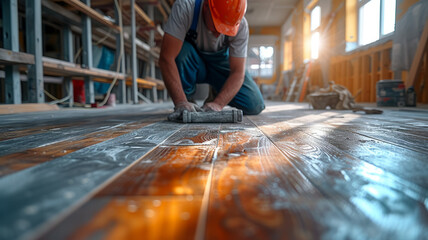 A Construction worker installing a new laminate flooring in white room ,generative ai. - obrazy, fototapety, plakaty