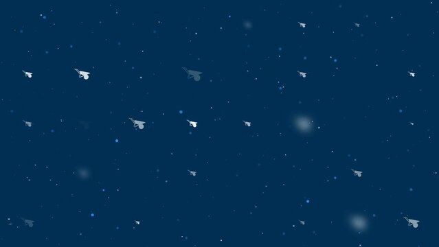 Template animation of evenly spaced garden wheelbarrow symbols of different sizes and opacity. Animation of transparency and size. Seamless looped 4k animation on dark blue background with stars