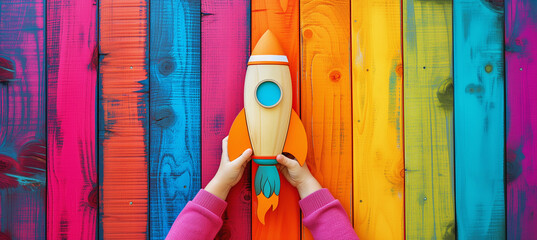 Launch of a red rocket on colorful wooden background, made of wood, held by children's hands. Successful start concept. - obrazy, fototapety, plakaty
