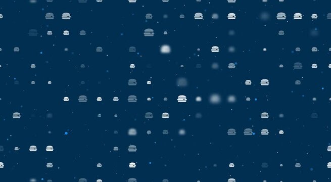 Template animation of evenly spaced hamburger symbols of different sizes and opacity. Animation of transparency and size. Seamless looped 4k animation on dark blue background with stars