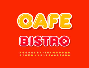 Vector bright signboard Cafe Bistro. Cute Glossy Font. Modern Alphabet Letters and Numbers set.