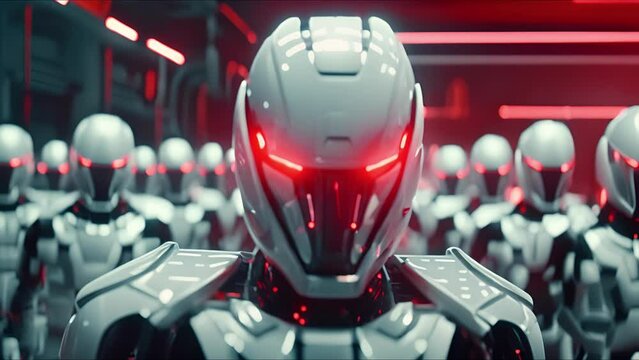 Combat robot in military metal armor. Futuristic cyborg security guard. Technology, robotics, artificial intelligence and future concept.