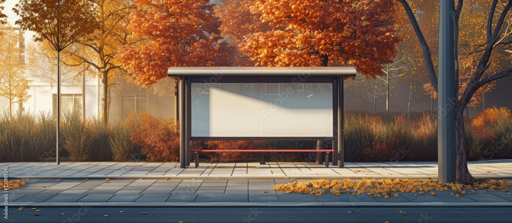 Poster front view of an autumn suburban street with an empty bus stop and space for mockups on the sidewalk