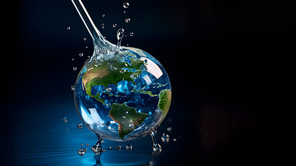 A drop of water in the form of planet Earth. Concept of water shortage, ocean pollution and global environmental problems. Copy space