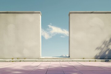 Minimalist architectural design with open sky between white walls.