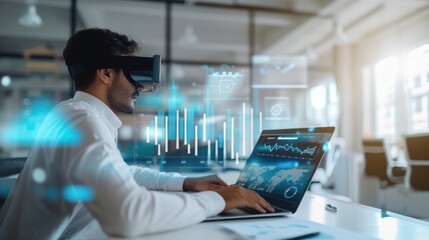 Businessmen using VR glasses to view financial documents, graphs, and tables online, financiers inside the office at the workplace, modern, VR, future, gadgets, and technology.