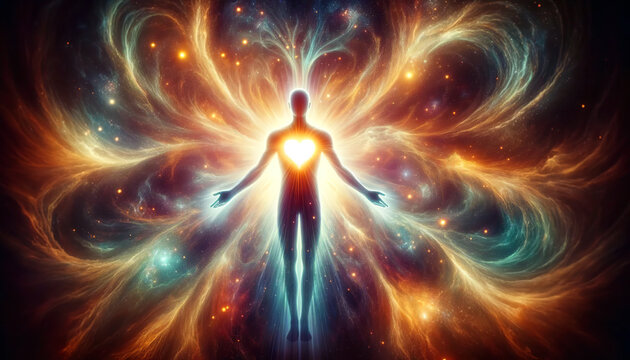 A cosmic silhouette of a human figure stands with arms outstretched, heart glowing brightly, against a backdrop of swirling galaxies and sparkling stars.AI generated.