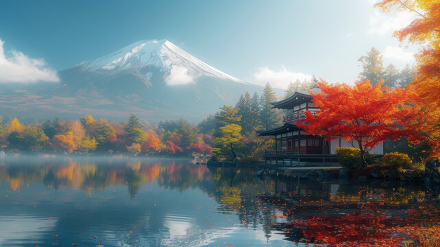 Autumn In Japanese Garden Fuji Moutain Background,generative Ai