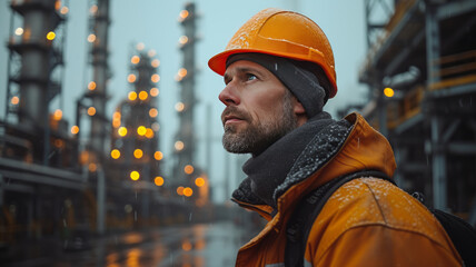 back of the head mid shot of male steel working wearing orange hat standing in the middle of a modern and clean steel plant,generative ai