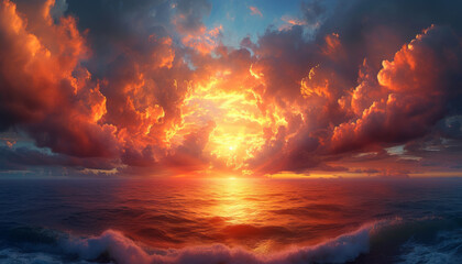 Fototapeta na wymiar Beautiful sunset at sea and dramatic clouds on background, generative ai.