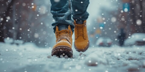 A Closeup Shot Of A Man Walking Confidently In Warm Shoes On A Snowy Winter Day. Concept Winter Fashion, Snowy Photoshoot, Confident Poses, Closeup Shots, Stylish Footwear