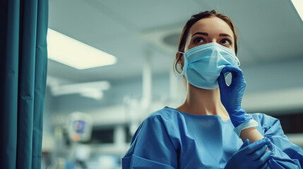 Fototapeta na wymiar female healthcare professional in blue scrubs and surgical mask, standing confidently in a hospital setting, possibly preparing for a medical procedure.