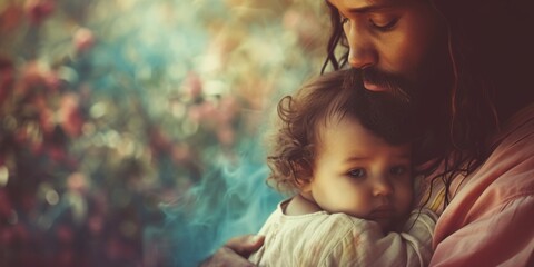 A Touching Portrayal Of Jesus Lovingly Cradling A Child In A Painterly Scene. Concept Religious...