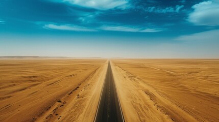 Straight desert road extending to the horizon in the Sahara, embodying endless possibilities and the paths we choose