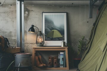 Vintage camera and hiking boots on wooden shelf inside tent, outdoor exploration concept
