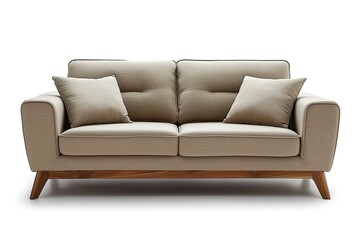 2 seat fabric beige color sofa comfy with wood legs on white background. front view. isolate background.