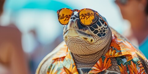 Laid-Back Turtle Embraces The Beach Vibes In Stylish Hawaiian Attire. Concept Hawaiian Beach Vibes, Laid-Back Turtle, Stylish Attire, Embracing The Beach, Tropical Photo Shoot