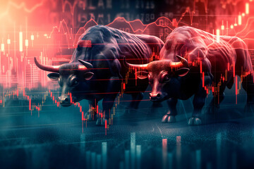 Two Bull And Candlestick Charts And Graphs Background, Trading and Investment Bullish Market Tech Illustration, Market Strategy Of Bull - obrazy, fototapety, plakaty