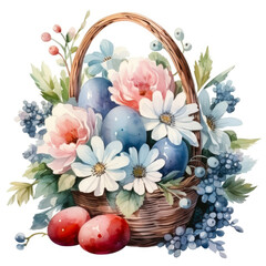 Cute watercolour illustration, Easter basket with painted Easter eggs and delicate flowers in pastel tones isolated on white background, watercolour spring illustration, Easter concept
