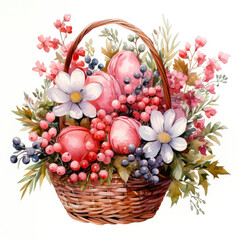 Watercolour spring illustration, basket with delicate flowers in pastel tones, isolated on white background