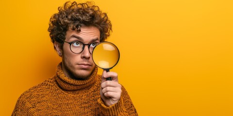 Curious Man In A Sweater Uses A Magnifying Glass On A Yellow Backdrop. Concept Curiosity And Exploration, Sweater Fashion, Magnifying Glass Adventures, Yellow Backdrop Fun