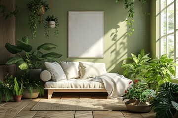 3d render of a pale olive green room with a white sofa an art canvas and many plants and flowers.