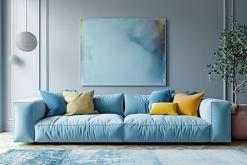 3d render of a room with a light blue sofa an art canvas and blue and yellow cushions.