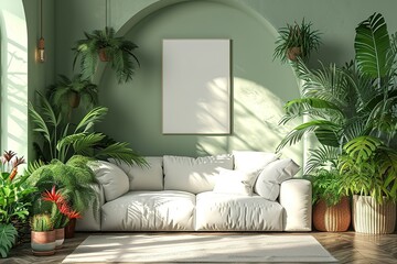 3d render of a pale olive green room with a white sofa an art canvas and many plants and flowers.