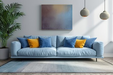 3d render of a room with a light blue sofa an art canvas and blue and yellow cushions.