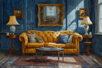 an interior scene with a sofa and two coffee tables.